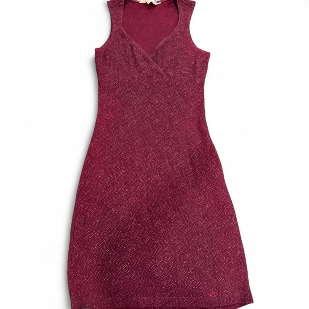 Hourglass Burgundy Metallic Micro Dot Sleeveless V-Neck Mini Dress Womens Small